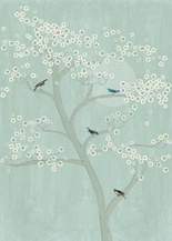 Mural na flizelinie 542141 drzewo wiśni z ptakami na błękitnym tle